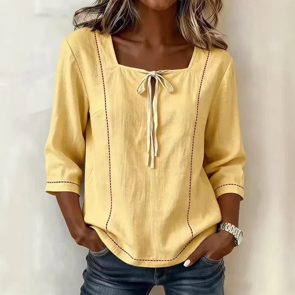 Printed Lace-Up Square-Neck Shirt – Three-Quarter Sleeve, Ramie Yellow