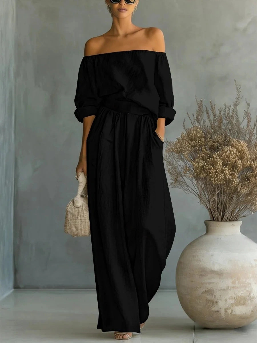 Women's Off-Shoulder Long-Sleeve Top & Wide-Leg Pants Two-Piece Set Black