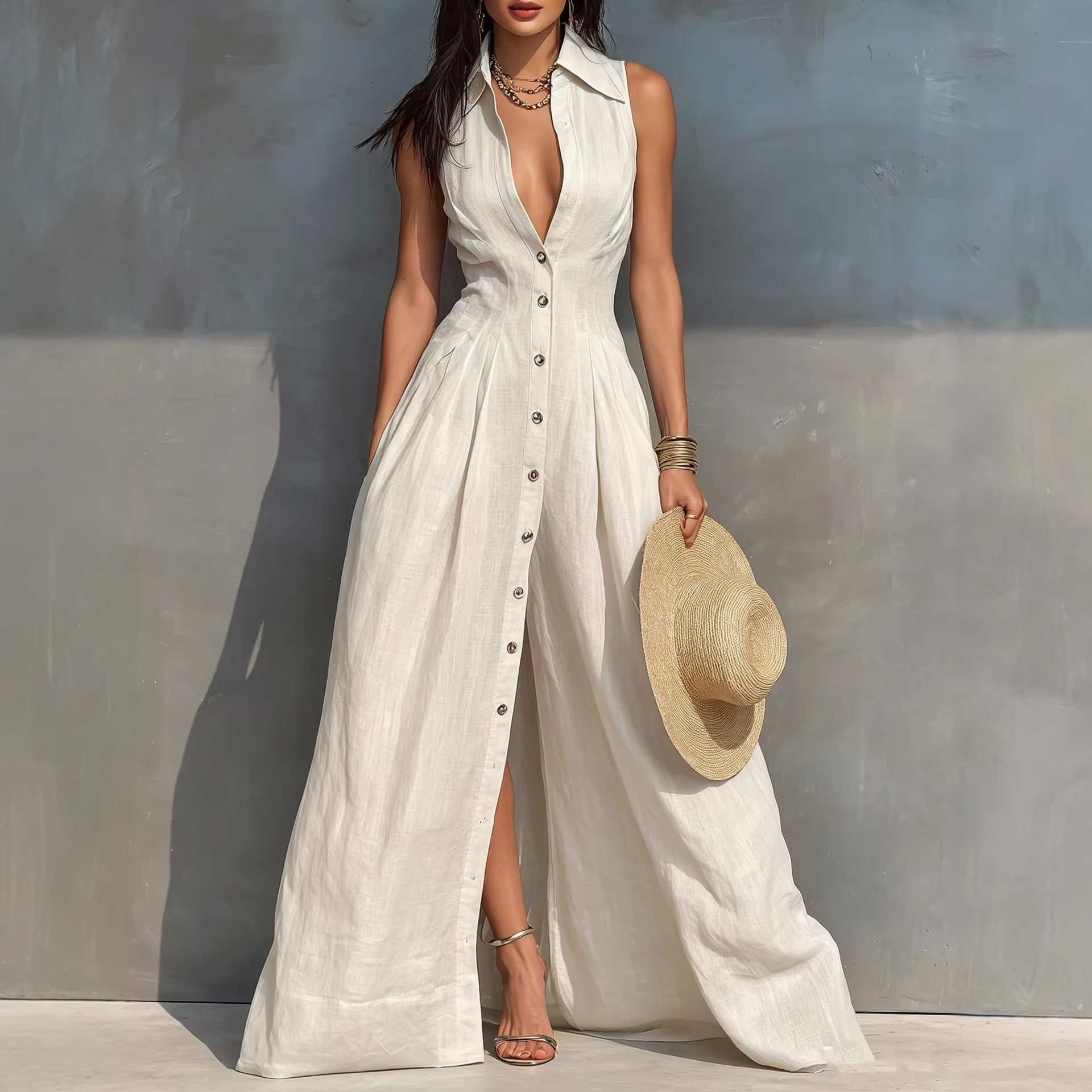 Women's High-Waist Lapel Shirt Maxi Dress – Elegant & Versatile Milky White