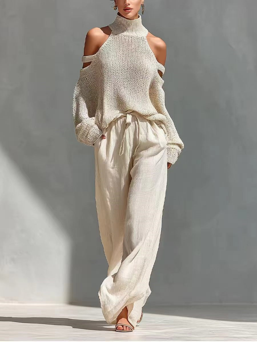 Women's Long-Sleeve Turtleneck Top & Pants Set – Elegant 2-Piece Apricot