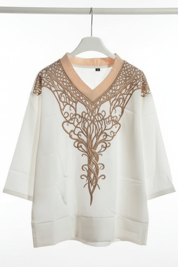 Ethnic Style Embroidered Fringe V-Neck Resort Top White