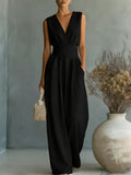 Women's Elegant V-Neck Sleeveless Jumpsuit – Waist-Cinching Straight Leg Black