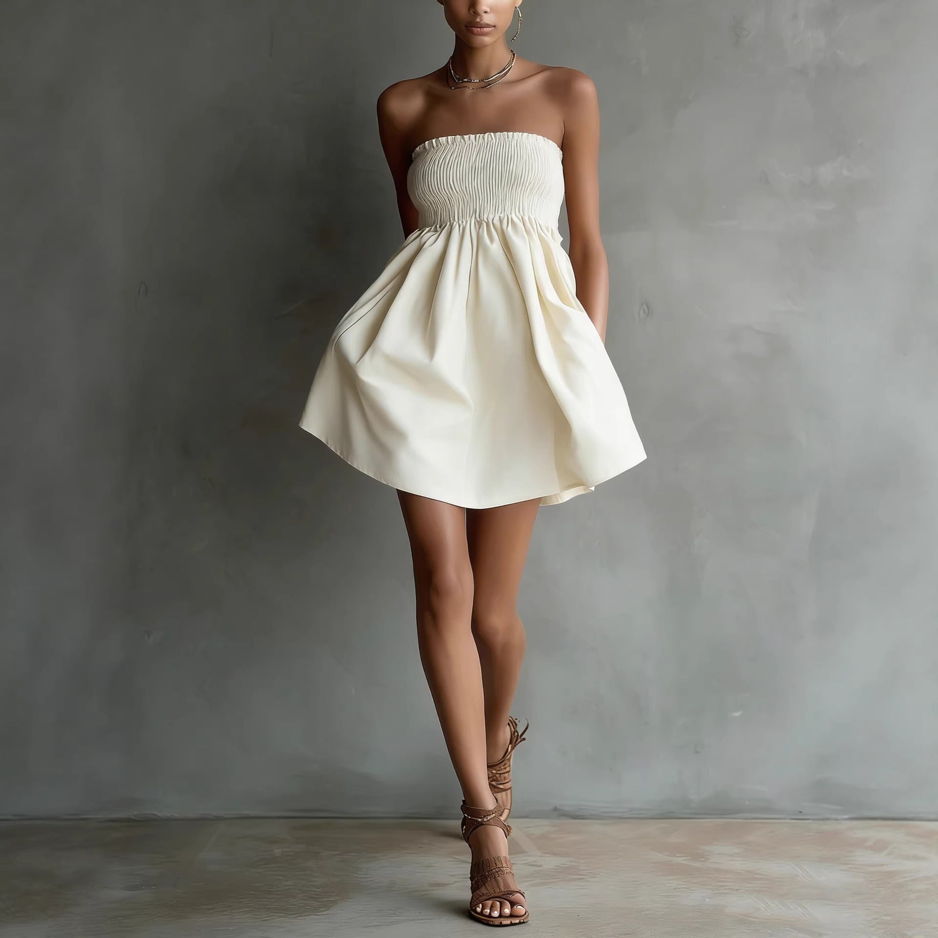 Women's Strapless Tube Mini Dress – Solid Color Elastic Waist White