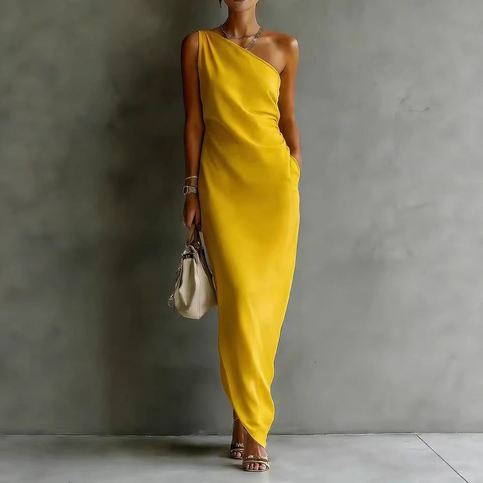Women's Satin Off-Shoulder Slim-Fit Maxi Dress Yellow