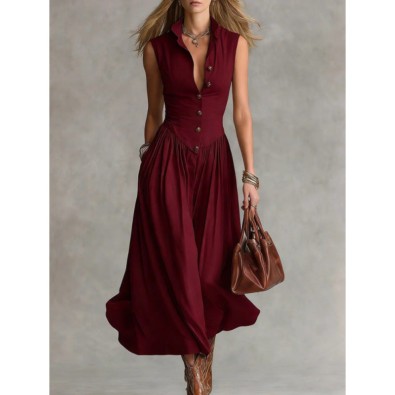 Women's Sleeveless Lapel Collar Maxi Dress – Slim Fit Patchwork Wine Red