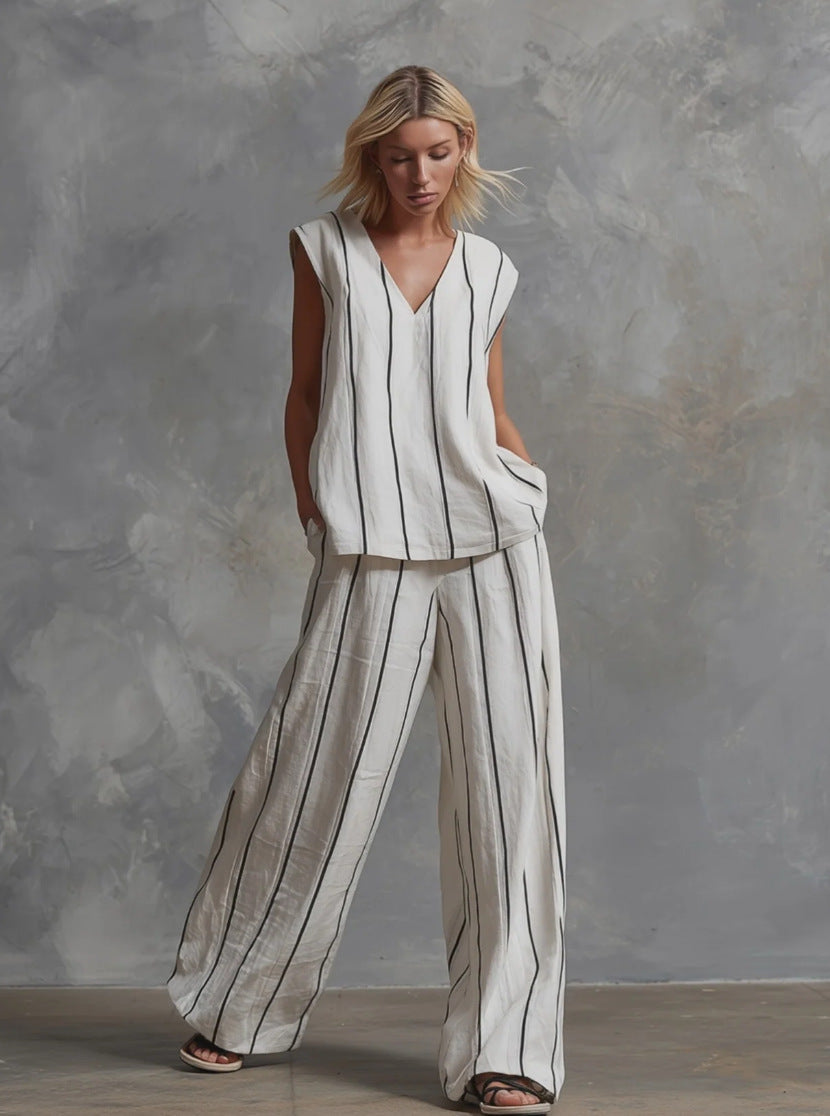 Women’s Sleeveless Striped Top and Full-Length Pants Set White