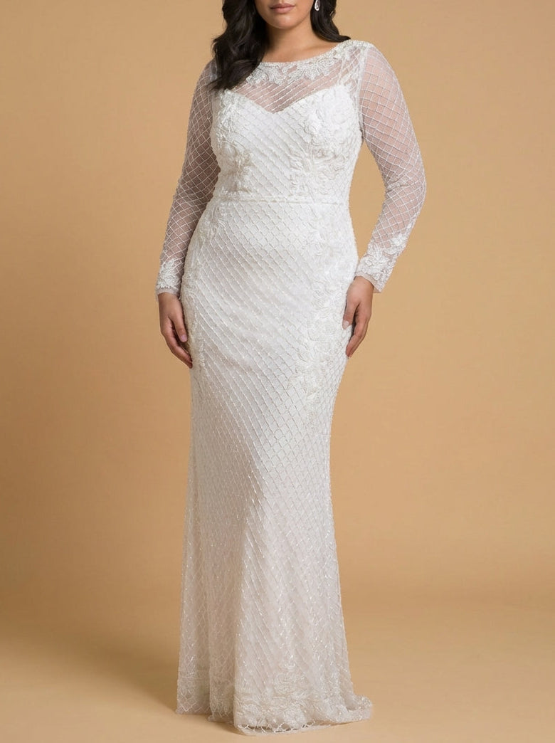 High Neck, Long Sleeve Beaded Wedding Gown | Lara 51004 Ivory