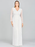 Lara Blair Long-Sleeve Beaded Surplice Sheath Gown Ivory