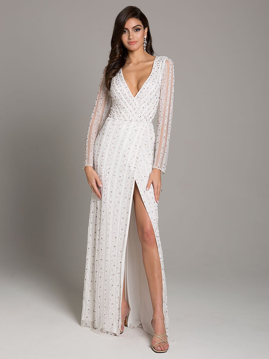 Lara Blair Long-Sleeve Beaded Surplice Sheath Gown Ivory