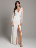 Lara Blair Long-Sleeve Beaded Surplice Sheath Gown Ivory