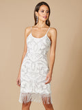 Lara Demi Beaded Short Fringe Wedding Dress White