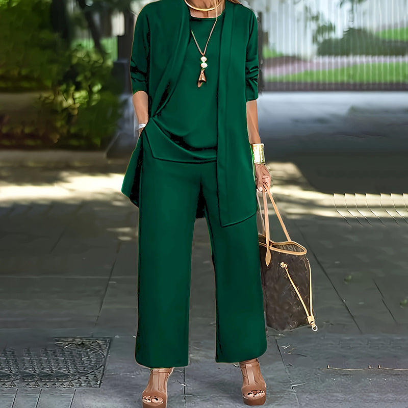 Women's Plus Size 3-Piece Lounge Set – Cardigan, Vest & Wide-Leg Pants Grass green