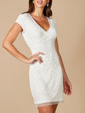 Lara Cam V-Neck Beaded Mini Sheath Dress Ivory