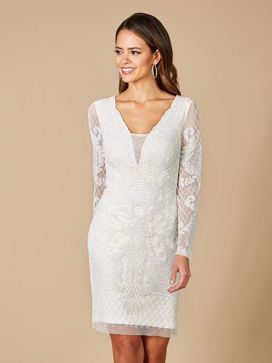 Lara Carla Long Sleeve Beaded Lace Mini Dress Ivory