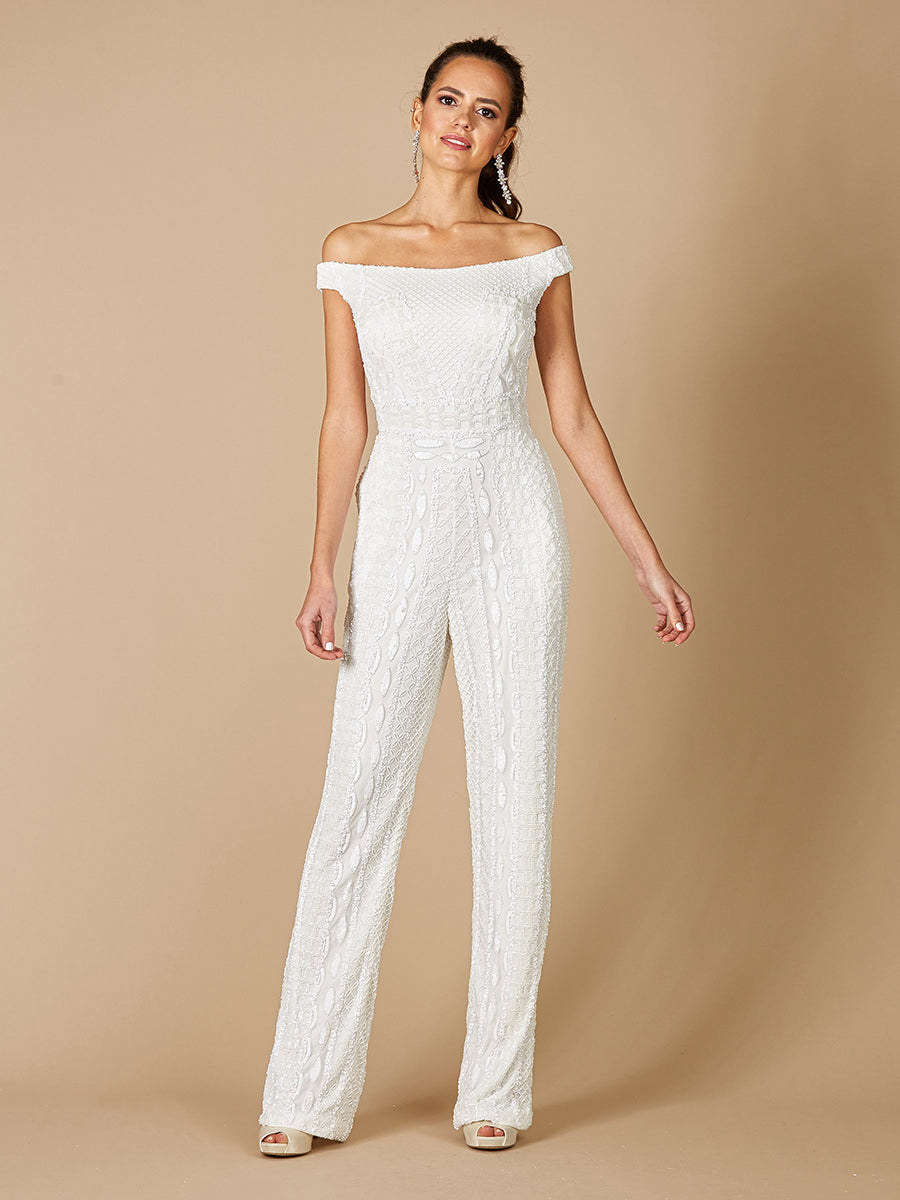 Lara Gabby Beaded Off-the-Shoulder Bridal Jumpsuit Ivory