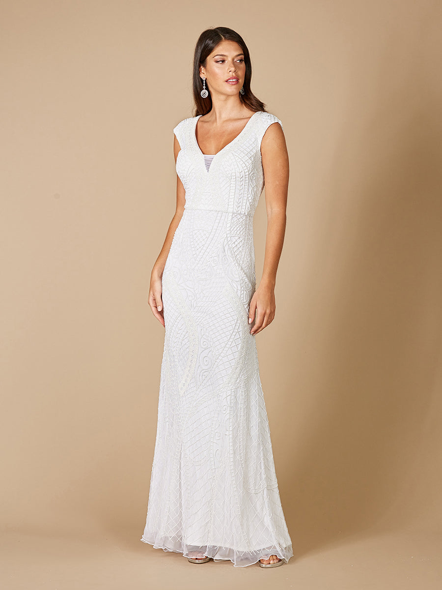 Lara Gwen Beaded Short Sleeve Wedding Dress Ivory