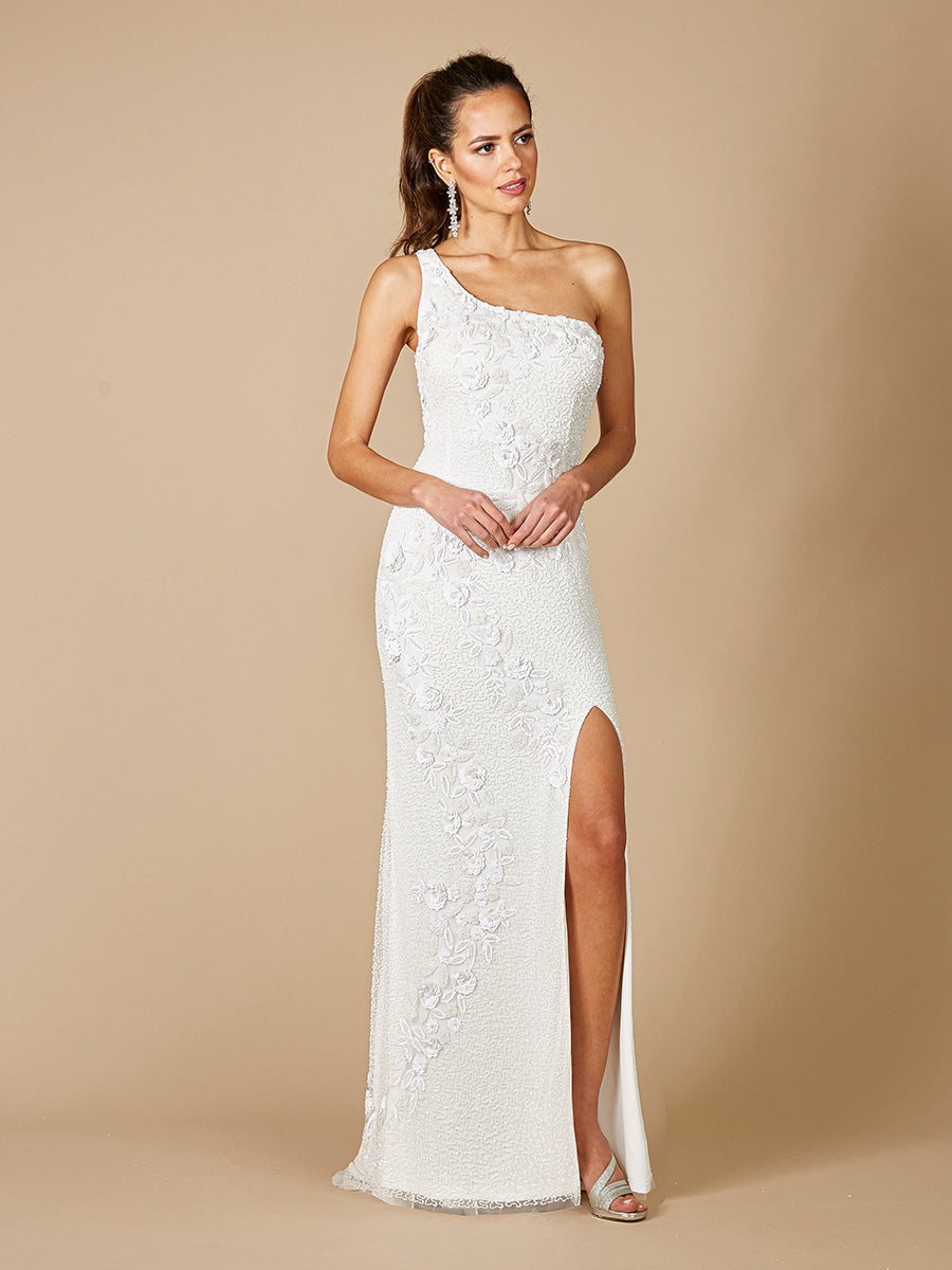 Lara Fleur One Shoulder Floral Beaded Wedding Gown Ivory