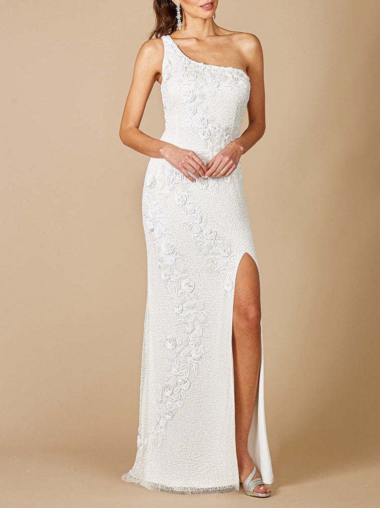 Lara Fleur One Shoulder Floral Beaded Wedding Gown | 51081 Ivory