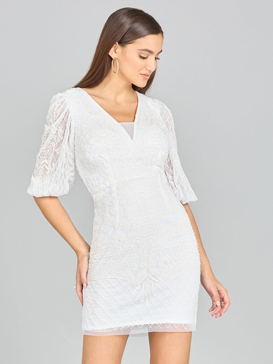 V-Neck Beaded Bridal Short with Sleeves Ivory