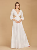 Long Sleeve Cut Out Wedding Dress Ivory