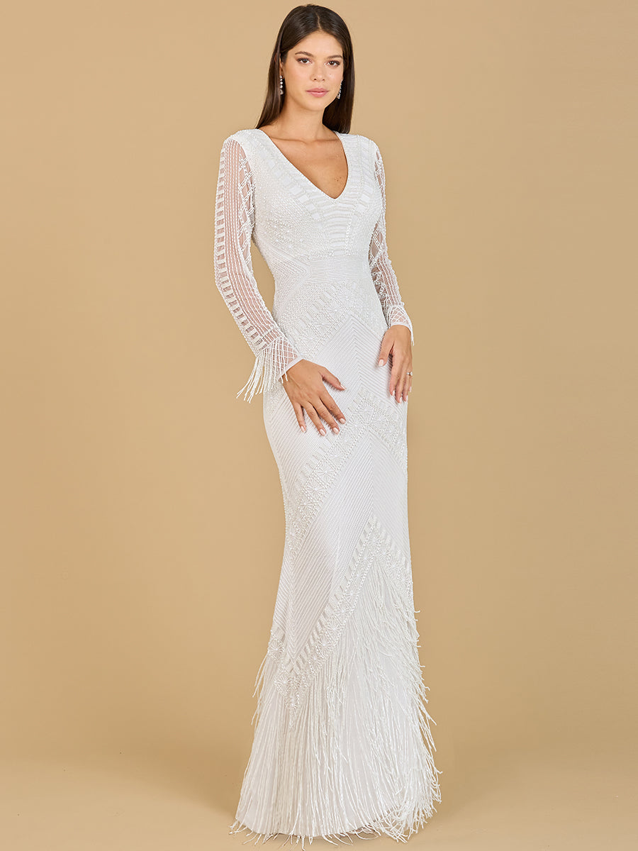 Long Sleeve Fringe Bridal Gown Ivory