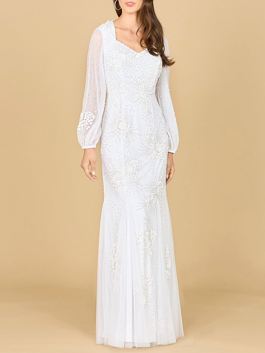 Long Sleeve Beaded Bridal Gown Ivory