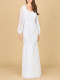 Long Sleeve Beaded Bridal Gown Ivory