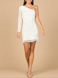 One Sleeve Beaded Cocktail Dress with Fringe Ivory