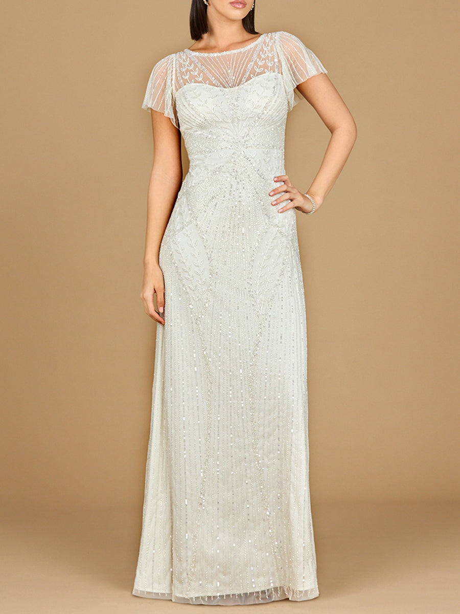 Beaded Flutter Sleeve Wedding Gown | Lara 51219 Ivory