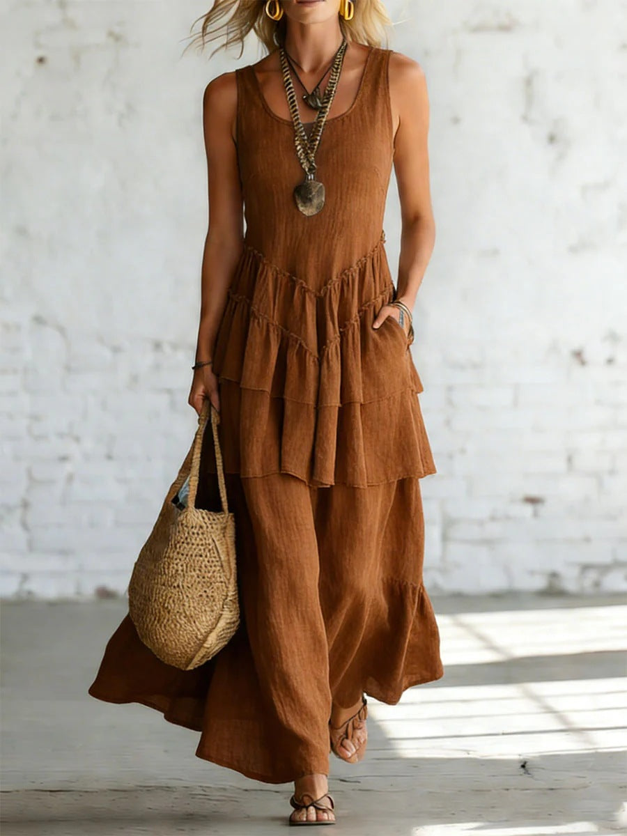 Women's Cotton Linen Sleeveless Loose Maxi Dress Dark Brown