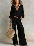 Women's Casual Linen Vacation Set – Three-Quarter Sleeve Top & Full-Length Pants Black