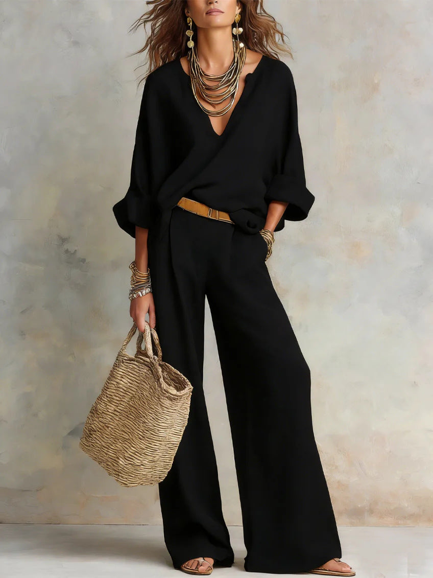 Women's Casual Linen Vacation Set – Three-Quarter Sleeve Top & Full-Length Pants Black