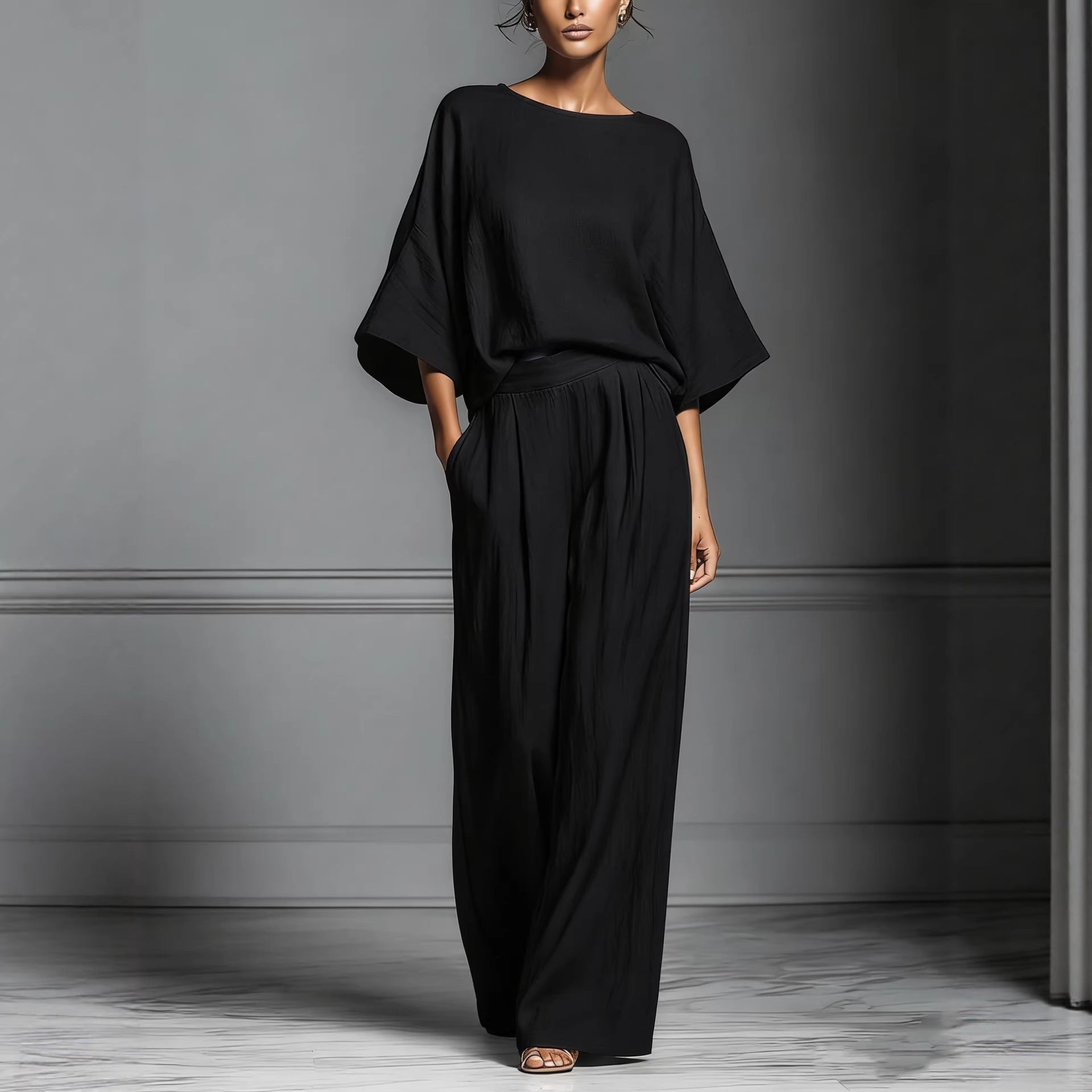 Women’s Flared-Sleeve Linen Suit Two Piece Set Black