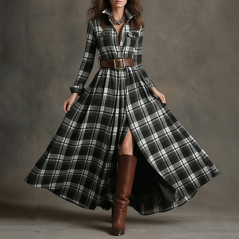 Women's Printed Lapel Slim-Fit Dress – Elegant Commuter Style Black