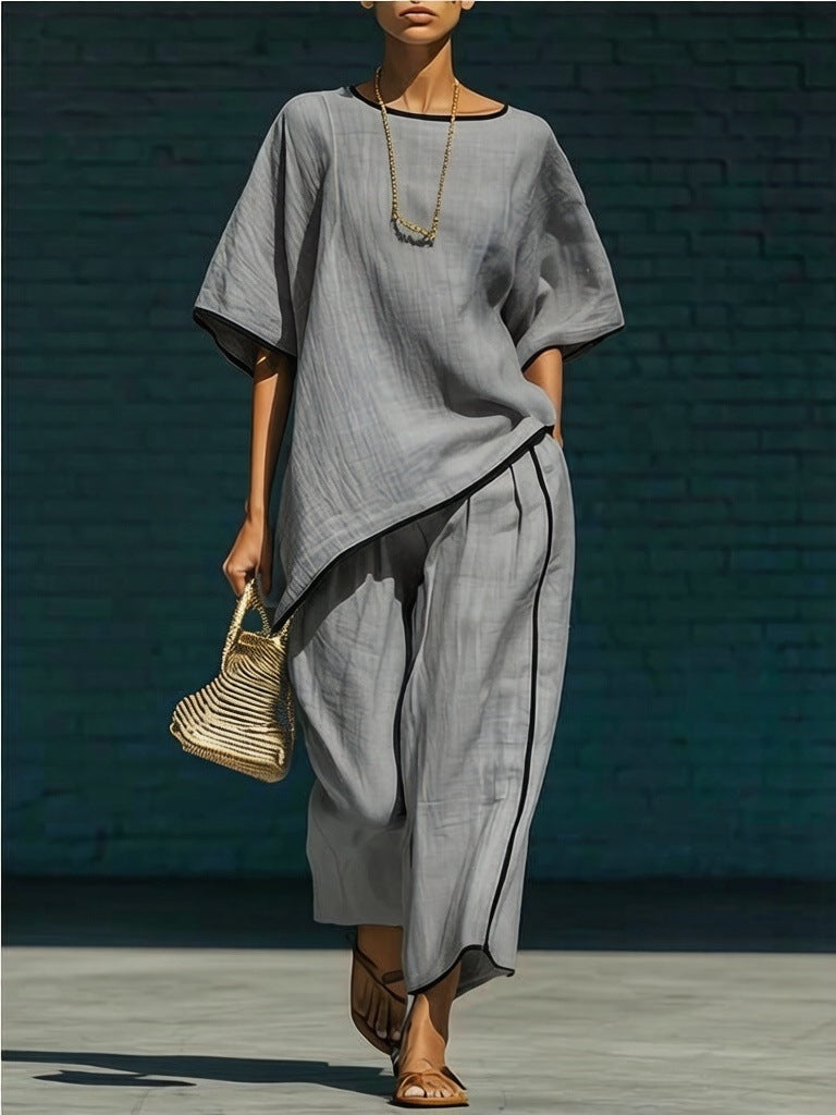 Women's Casual Resort Loose Short-Sleeve Top & Pants Set Gray
