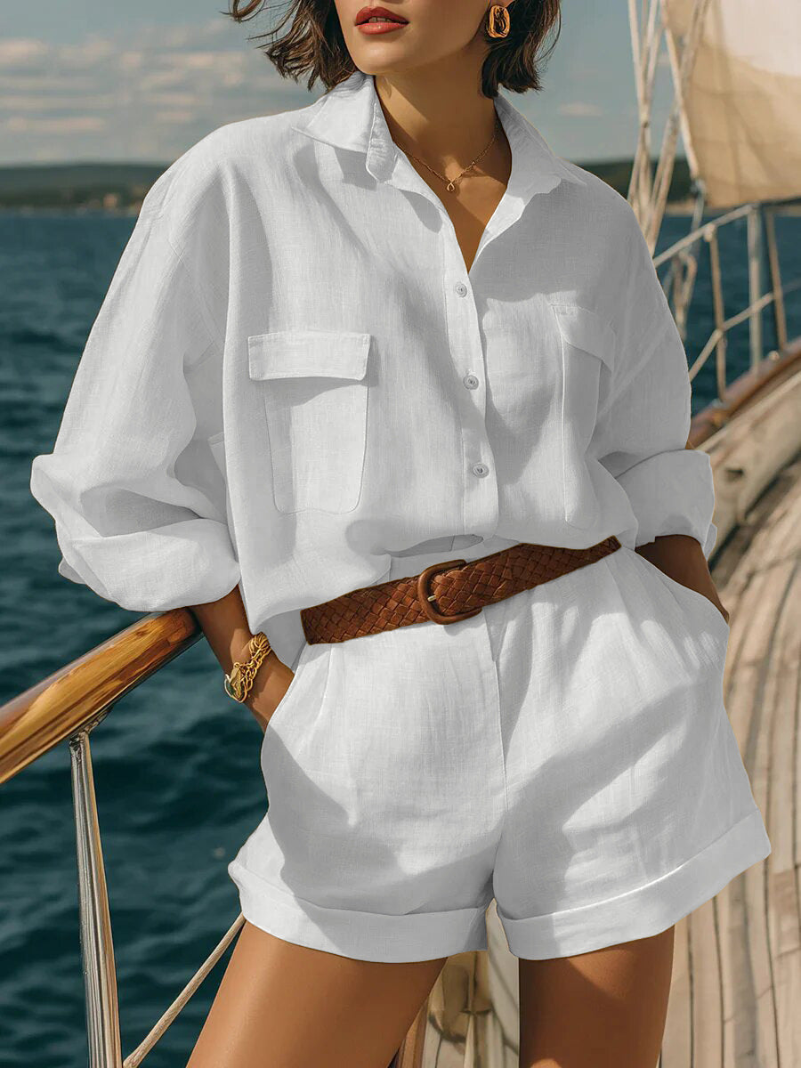 Cotton-Linen Loose-Fit Button-Down Shirt and Shorts Casual Set White (No Belt)