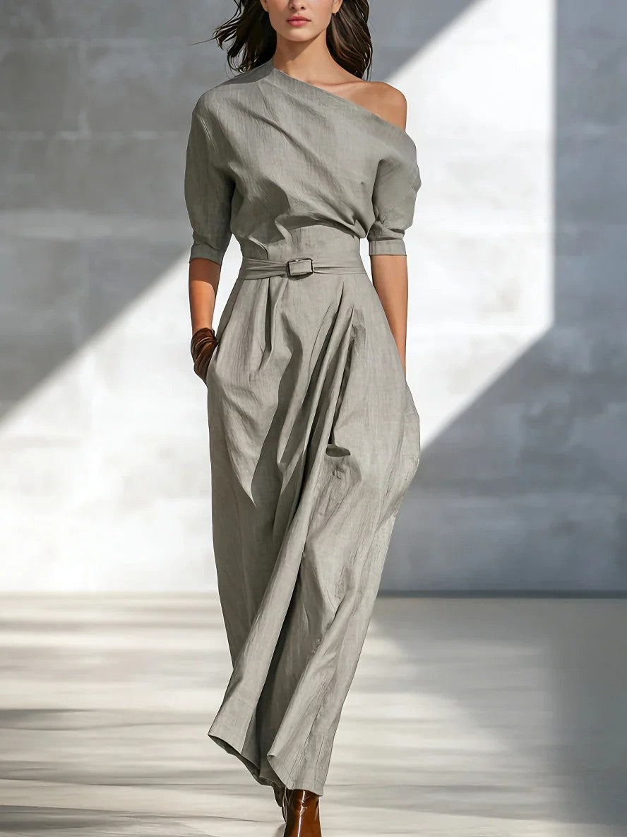 Women’s One-Shoulder Long Dress – Slanted Shoulder Waist-Defined Style Gray