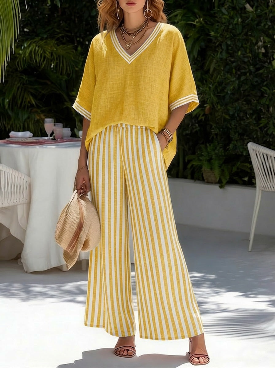 Women's Striped Tunic Top & Casual Trousers Two-Piece Set Yellow