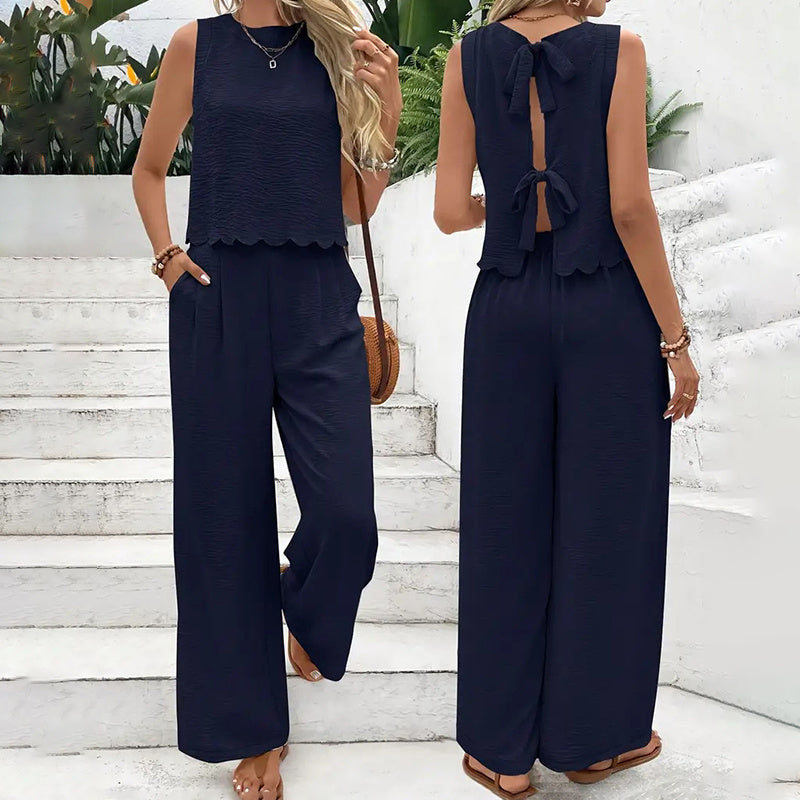Elegant 2-Piece Matching Set, Sleeveless Crop Top And Wide Leg Pants Outfits Navy Blue
