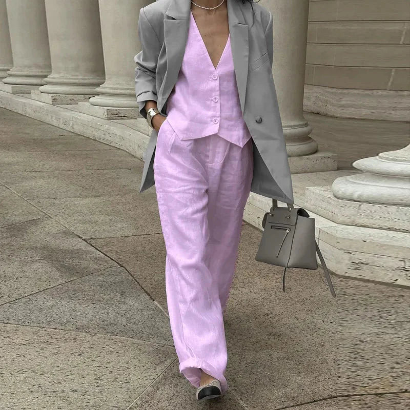 Women’s V‑Neck Button‑Front Vest & High‑Waist Pants Set Pink