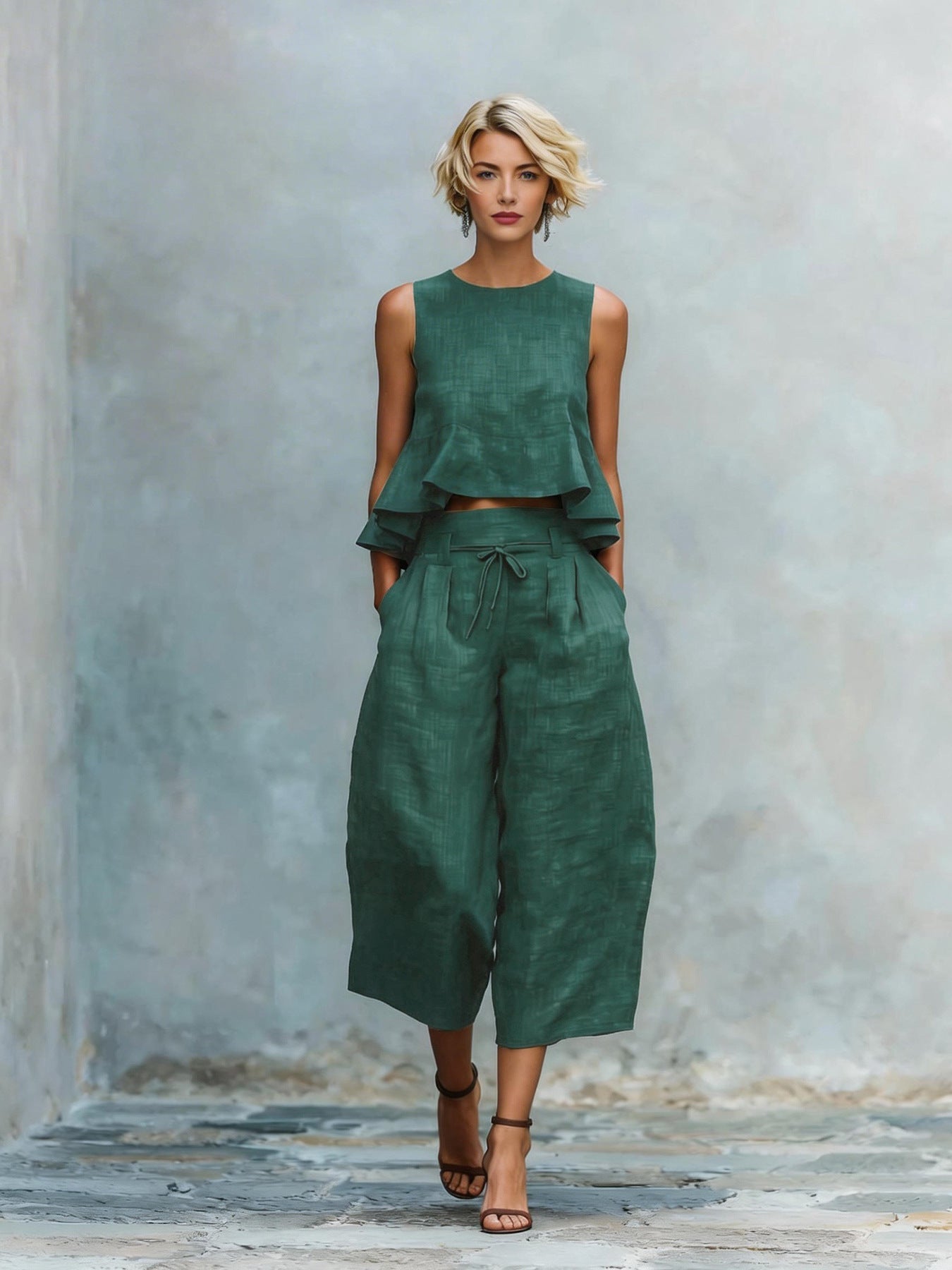 Women’s Linen-Blend Sleeveless Two Piece Set with Ruffled Detailing Dark Green