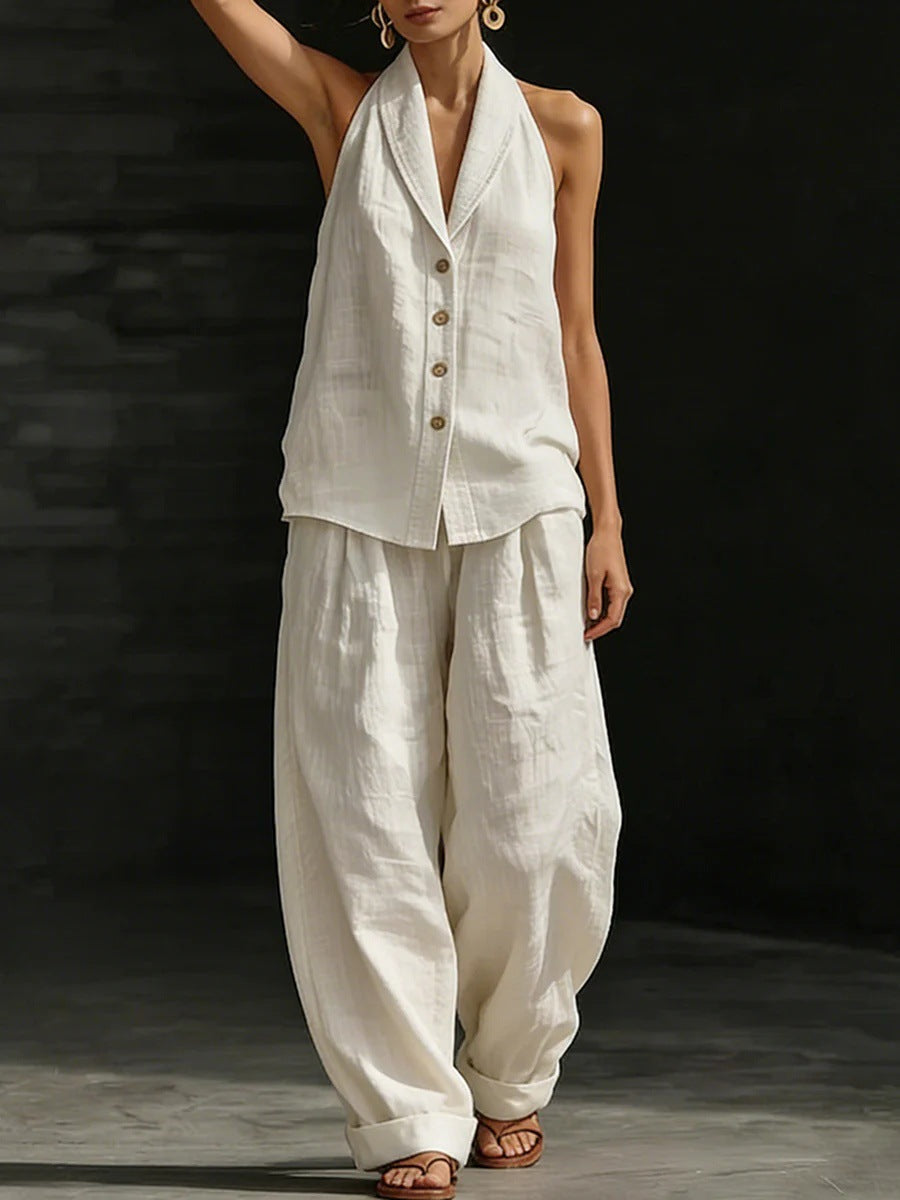 Women's Sleeveless Vest & Wide-Leg Pants Cotton-Linen Two-Piece Set Beige