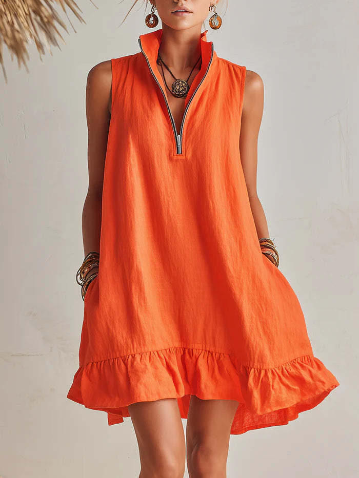 Women's Casual Loose Half-Zip Sleeveless Dress with Ruffle Hem Orange Red