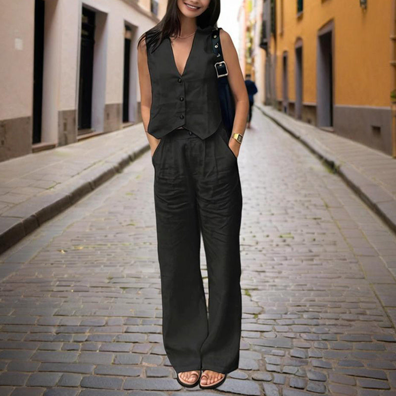 Women’s V‑Neck Button‑Front Vest & High‑Waist Pants Set Black