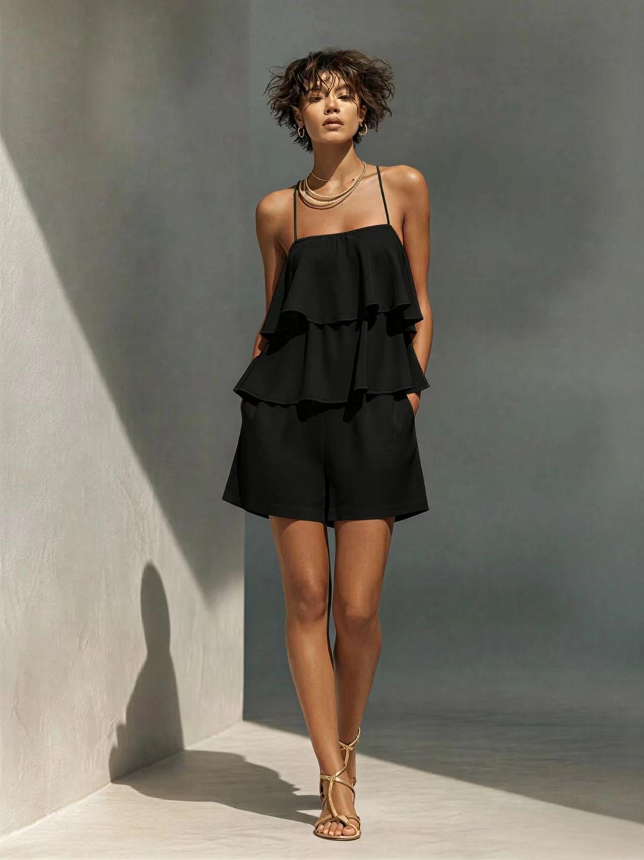 Women's Multi-Layer Ruffle Camisole & Shorts Set Black