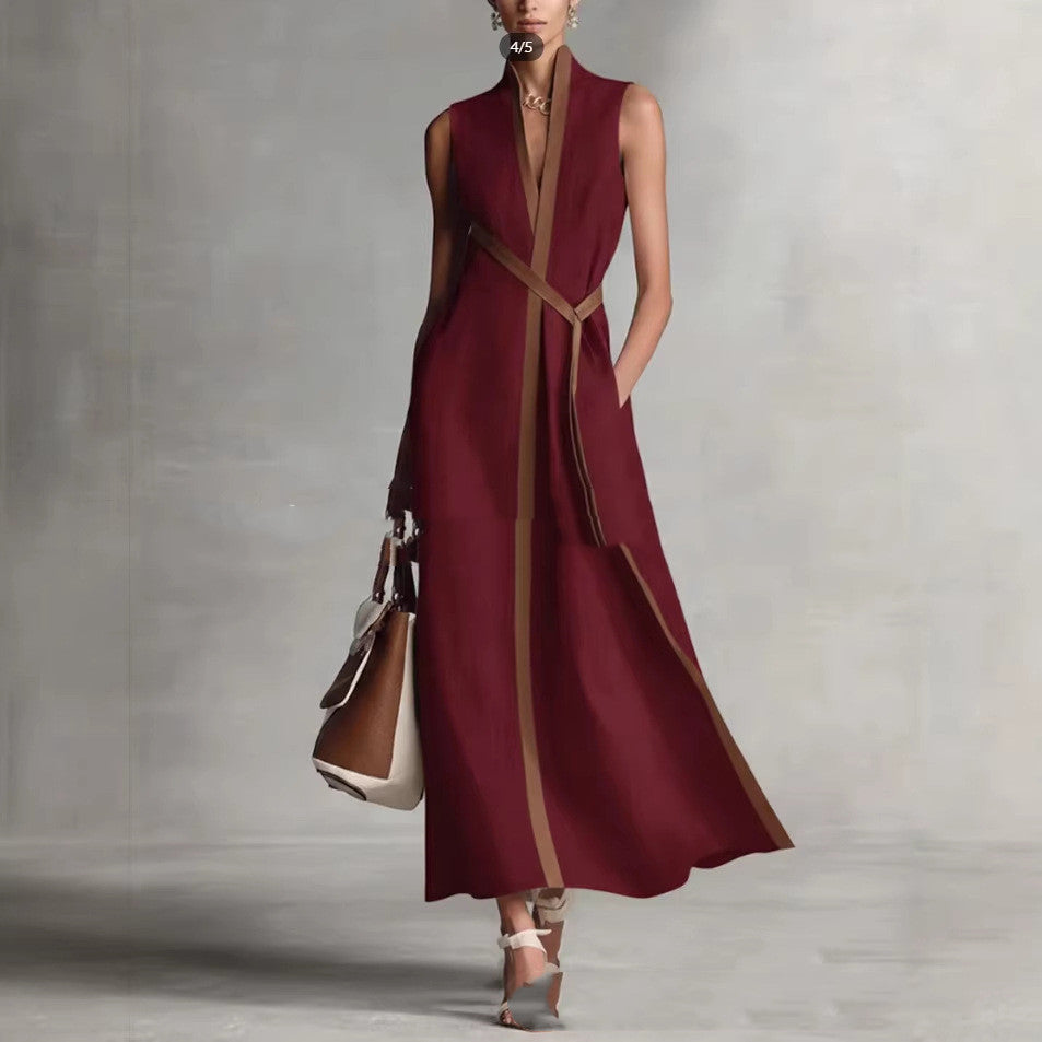 Women's Patchwork Cardigan & Wide Leg Pants Set | Colorblock Linen Wine Red