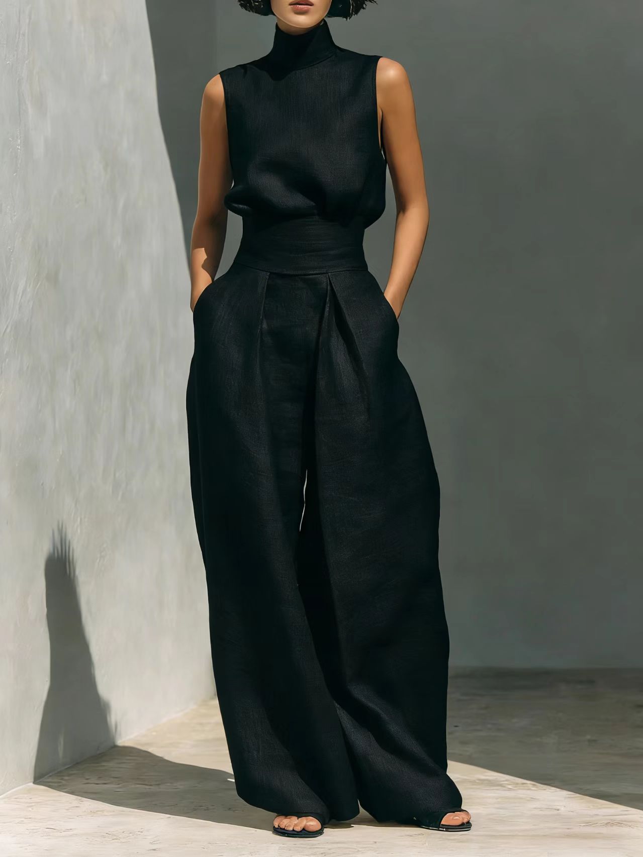 Women’s Cotton Linen Two-Piece Set – Sleeveless Top & Wide-Leg Pants Black