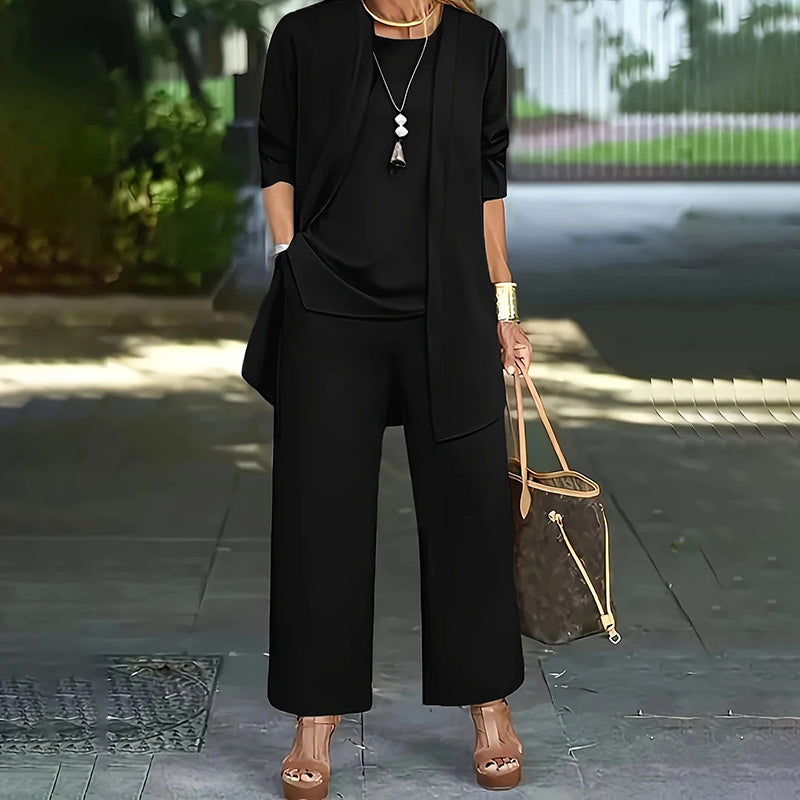 Women's Plus Size 3-Piece Lounge Set – Cardigan, Vest & Wide-Leg Pants Black
