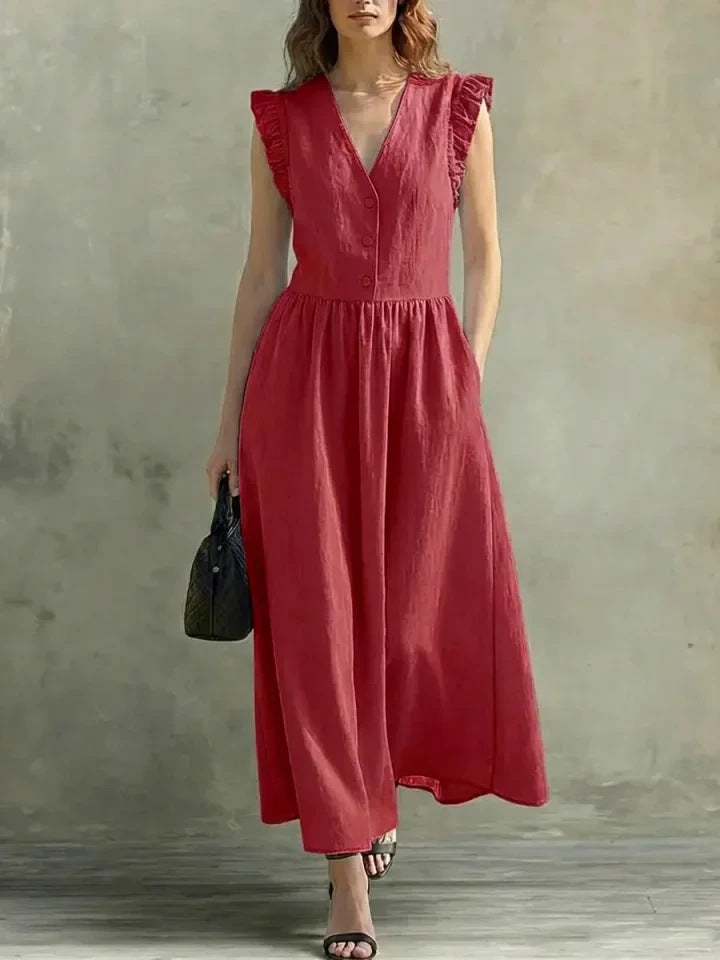 V-Neck Puff-Sleeve Dress with Pockets – Cotton Linen, 7 Colors Wine Red