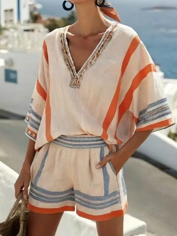 Women's Cotton Striped V Neck Top and Shorts Set Style1